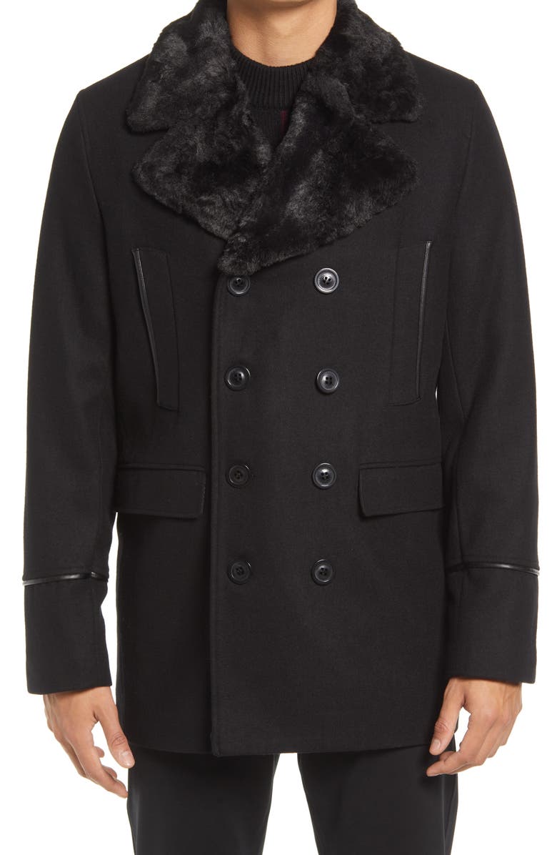 KARL LAGERFELD PARIS Wool Blend Peacoat with Faux Fur Collar, Alternate, color,