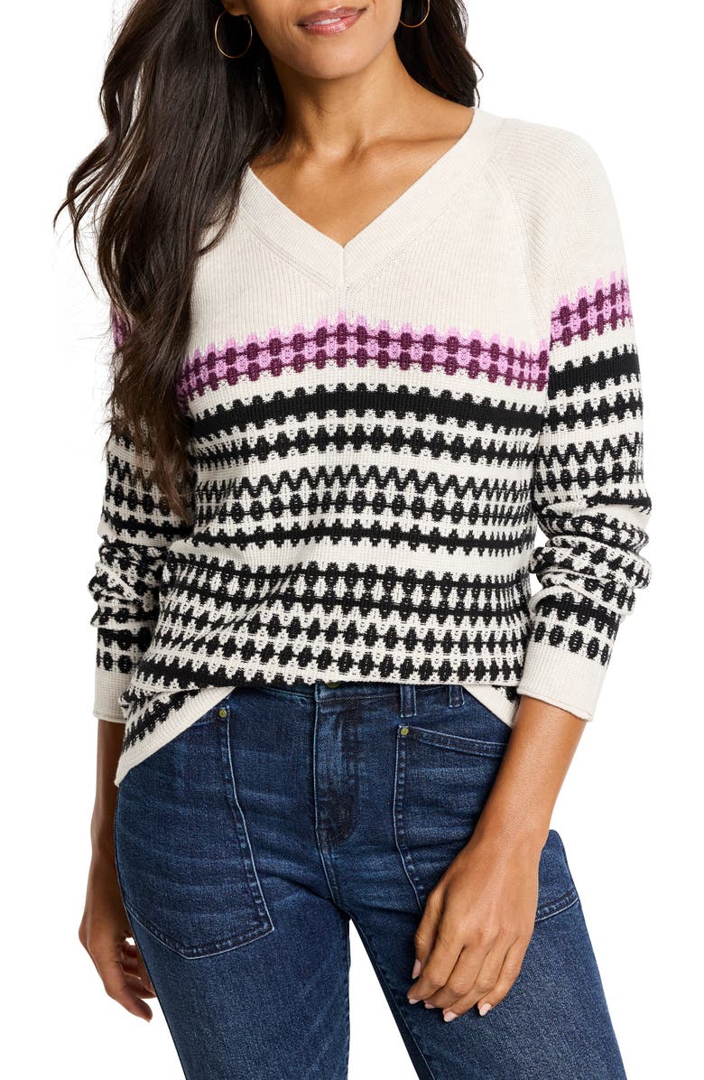 NIC+ZOE Stripe V-Neck Cotton & Cashmere Blend Sweater, Main, color, Neutral Multi