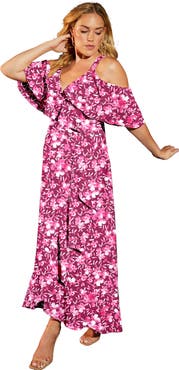 June + Vie Cold Shoulder Faux Wrap Maxi Dress