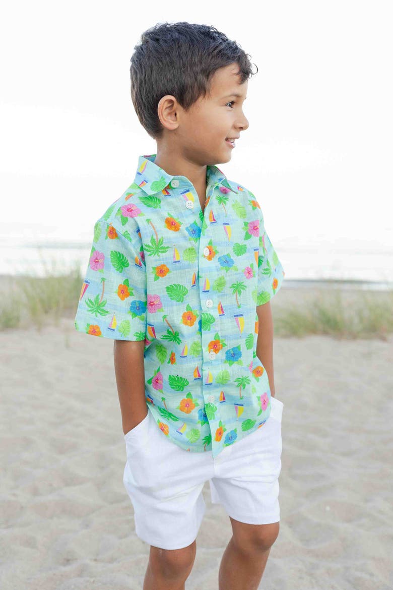 Printed Linen-Look Camp Shirt, Alternate, color, Blue/White