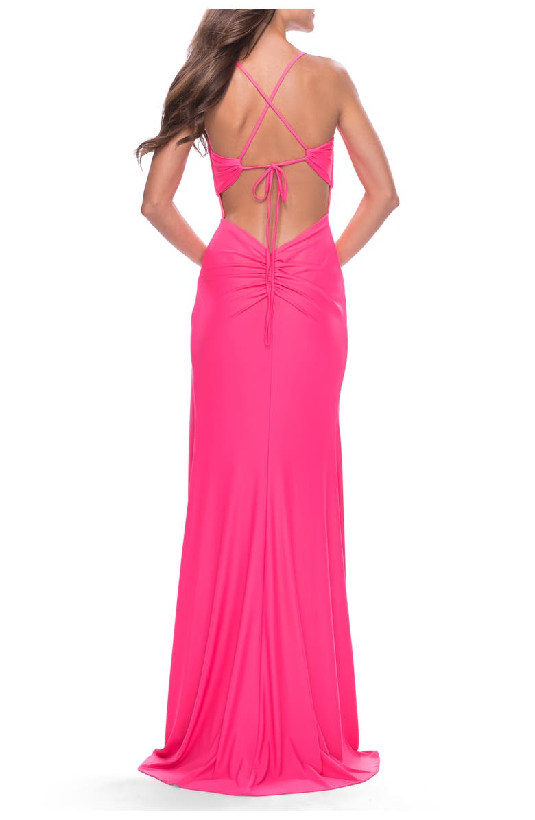 La Femme Soft Jersey Dress with Knot Detail on Bust and Hip, Alternate, color, Neon Pink