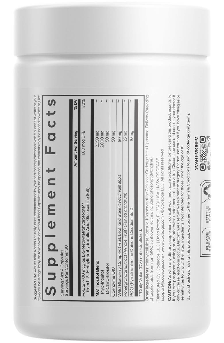 Codeage PQQ Ovarian Harmony, Myo + D-Chiro-Inositol, CoQ10, Folate, Pyrroloquinoline Quinone, Alternate, color, White
