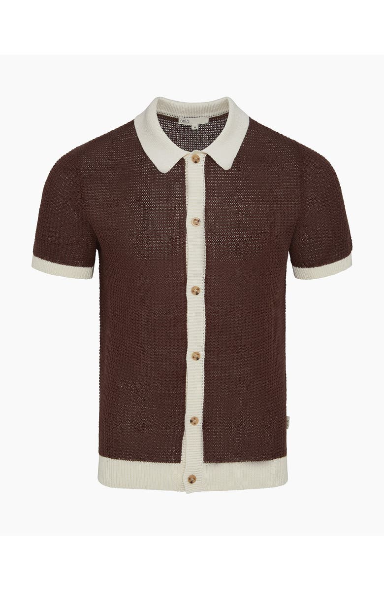 Onia Linen Short Sleeve Button Up Sweater, Alternate, color, Espresso/Egret