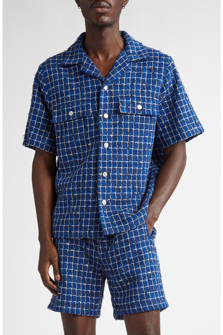 Bouclé Check Snap-Up Camp Shirt, Main, color, NAVY