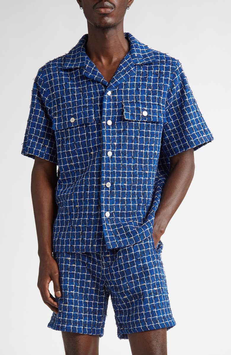 AMIRI Bouclé Check Snap-Up Camp Shirt, Main, color, Navy