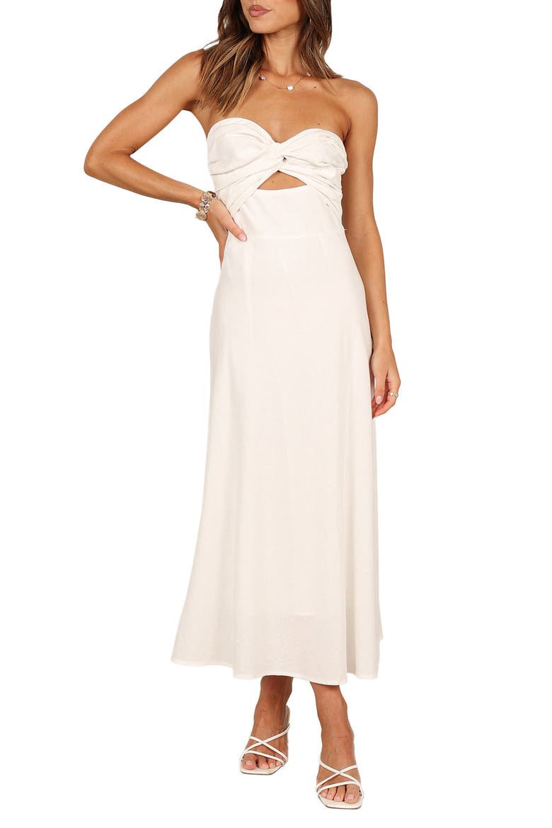 Rosetta Cutout Cotton & Linen Strapless Dress, Main, color, WHITE