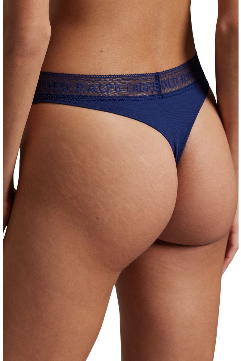 Lace & Stretch Cotton Rib Thong, Alternate, color, NAVY