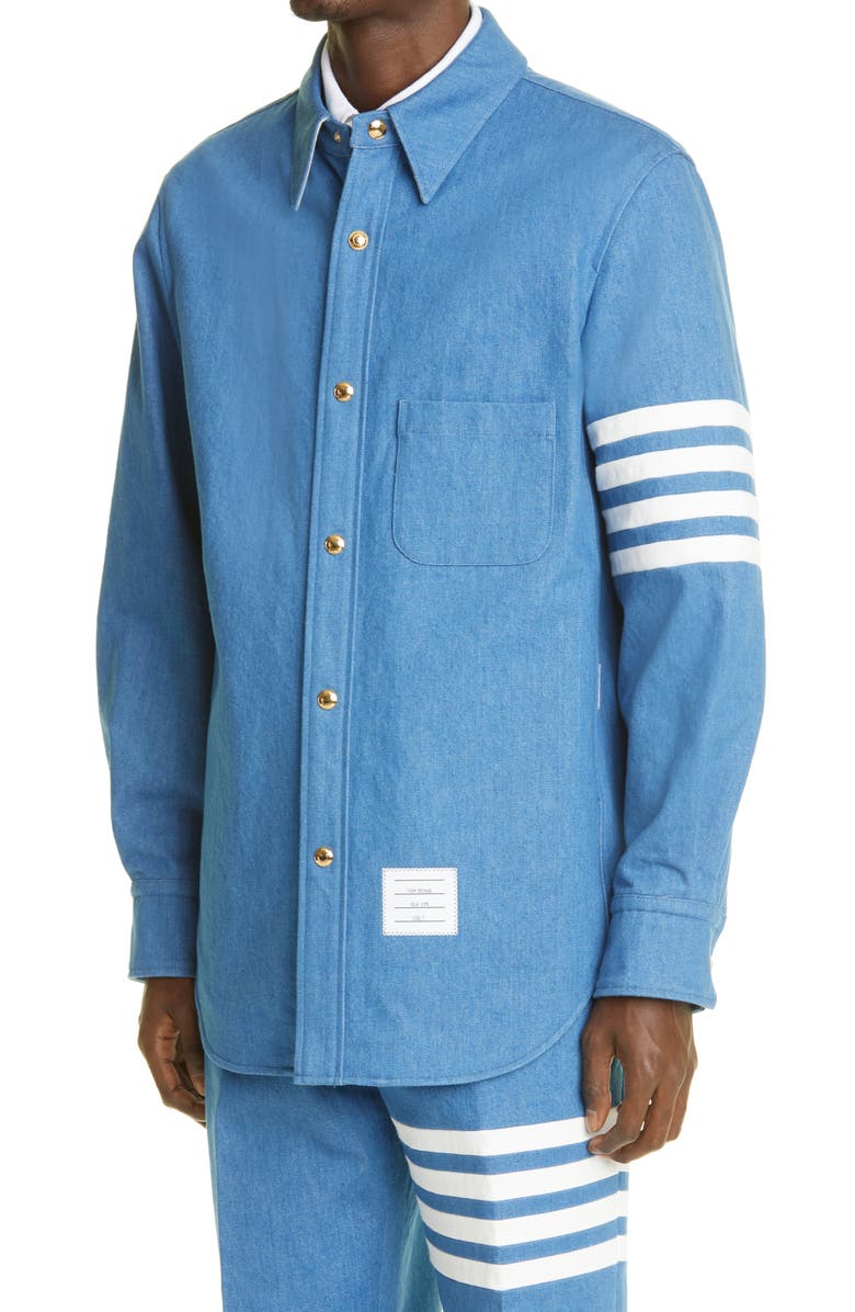 Thom Browne 4-Bar Snap Front Denim Shirt Jacket, Alternate, color,