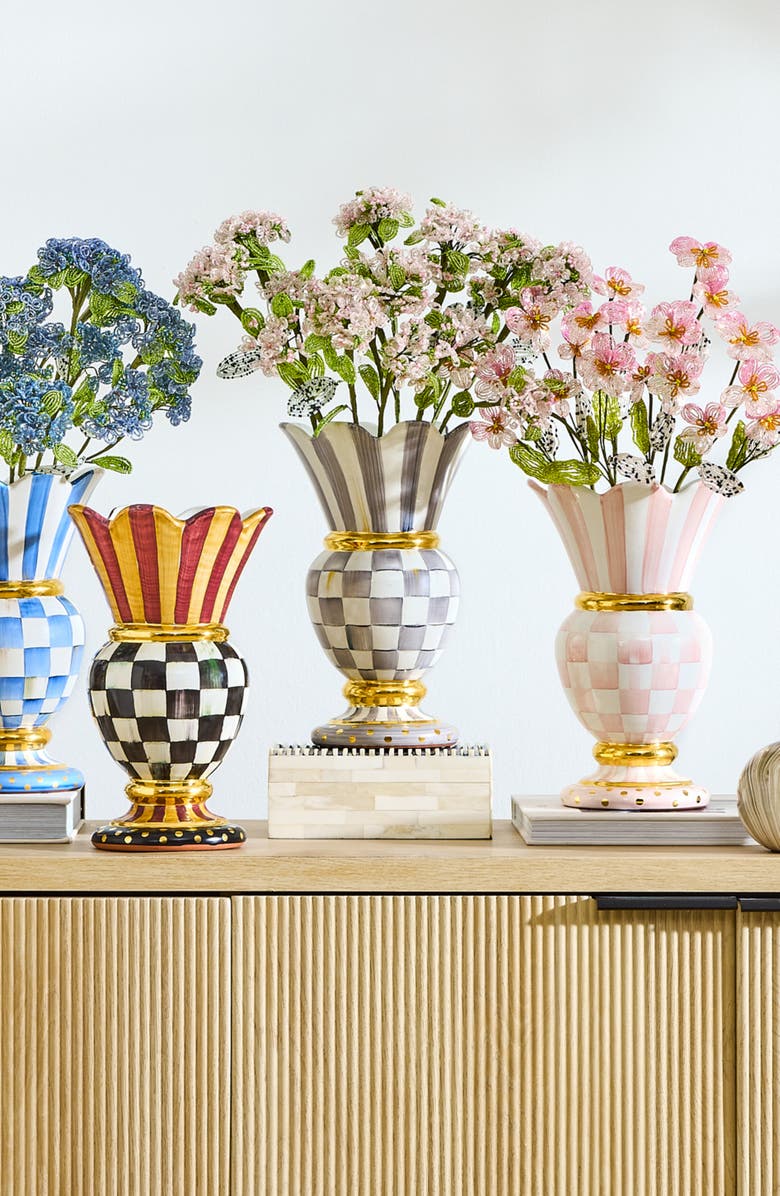 MACKENZIE CHILDS Sterling Check Great Ceramic Vase, Alternate, color, Grey/ White