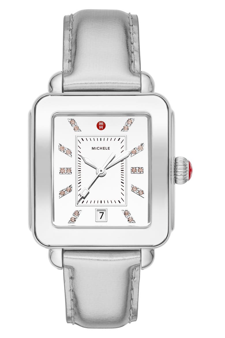 Deco Topaz Sport High Shine Watch Head & Metallic Leather Strap, 34mm x 36mm, Main, color, SILVER