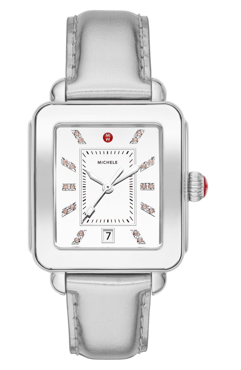 MICHELE Deco Topaz Sport High Shine Watch Head & Metallic Leather Strap, 34mm x 36mm, Main, color, 