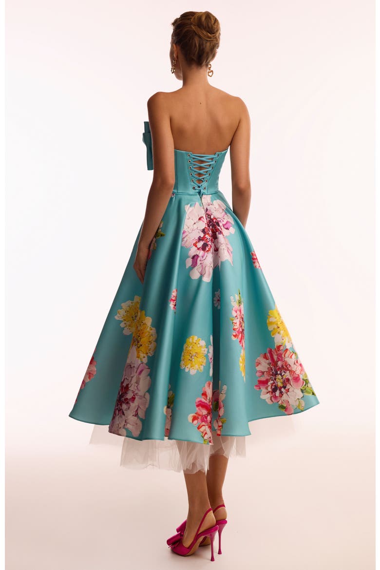 A-Line Satin Floral Print Midi Dress for Cocktail Events, Alternate, color, Aquamarine Floral