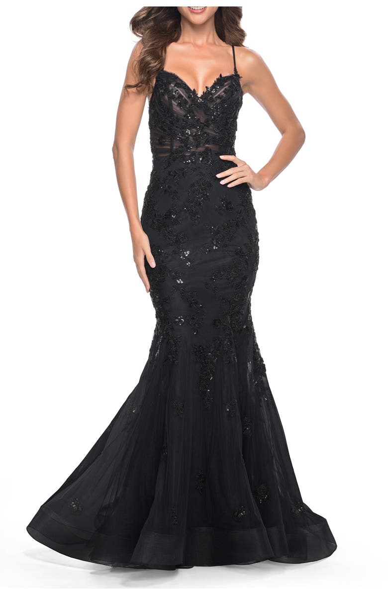La Femme Mermaid Prom Dress with Sequin Beaded Applique, Main, color, Black