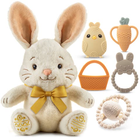 Plush Bunny with Bow and Silicone Teether Set