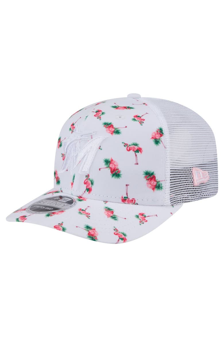 Men's New Era  White Miami Marlins Flamingo Mesh Back 9SEVENTY Stretch-Snap Hat, Main, color, White
