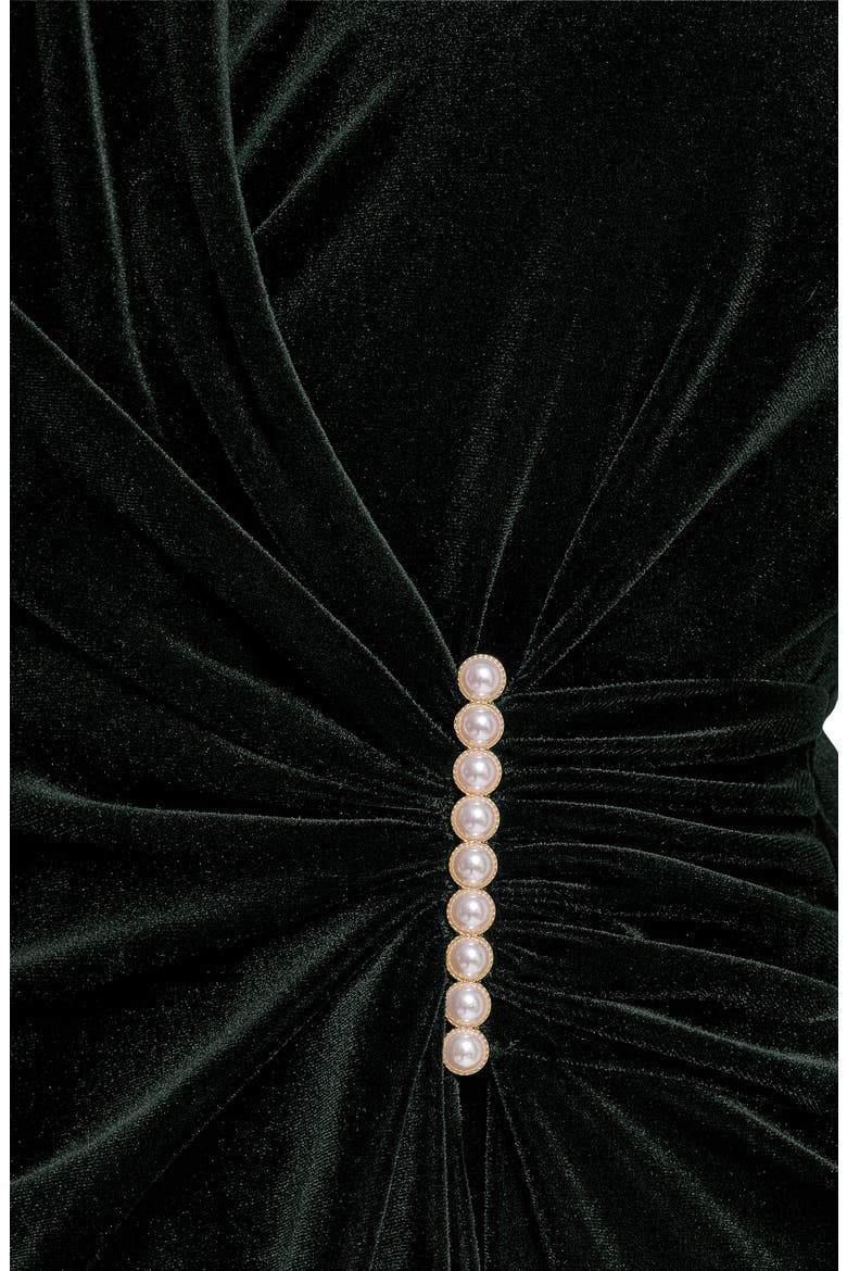 Faux Pearl Detail Long Sleeve Stretch Velvet Faux Wrap Dress, Alternate, color, BLACK