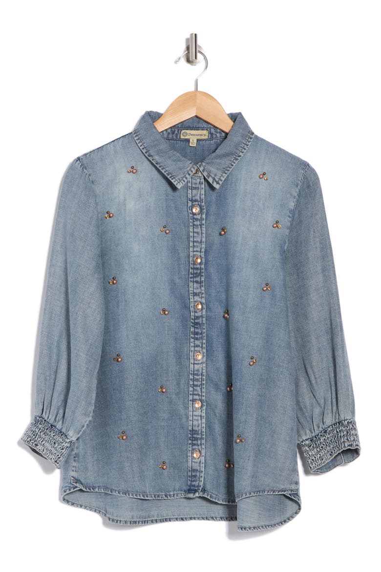 Beaded Front Chambray Button-Up Shirt, Alternate, color, LIGHT BLUE