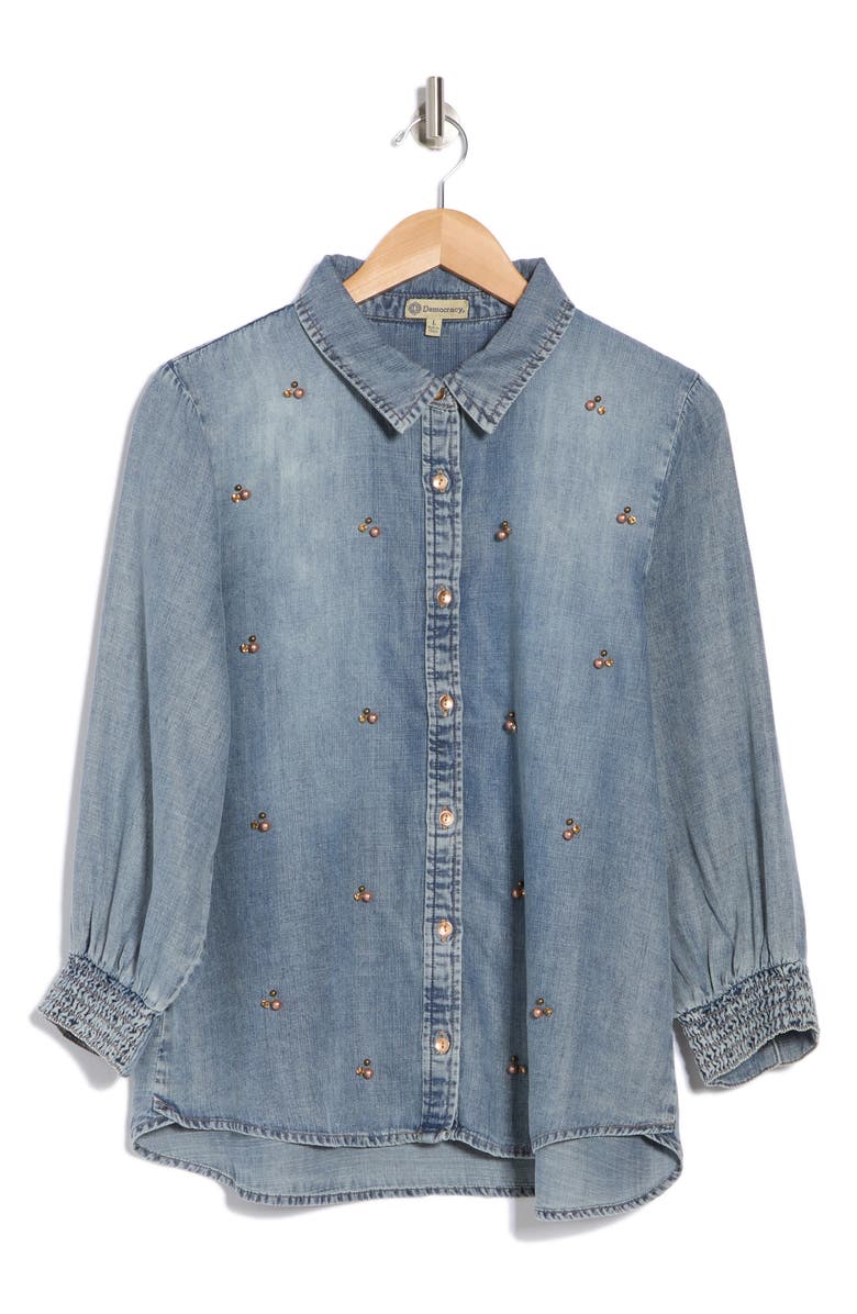 Democracy Beaded Front Chambray Button-Up Shirt, Alternate, color, Light Blue