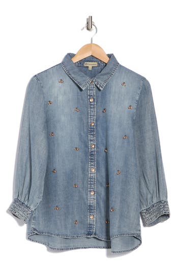 Democracy Beaded Front Chambray Button-up Shirt In Light Blue