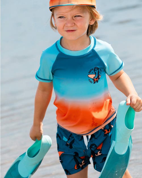 Deux Par Deux Boy's Printed Swim Trunks Orange Sloths On Navy Blue In Orange Sloths On Navy Blue