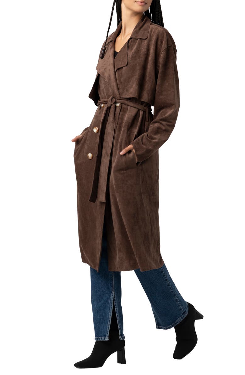 BLANKNYC Double Breasted Faux Suede Trench Coat, Alternate, color, Down To Earth