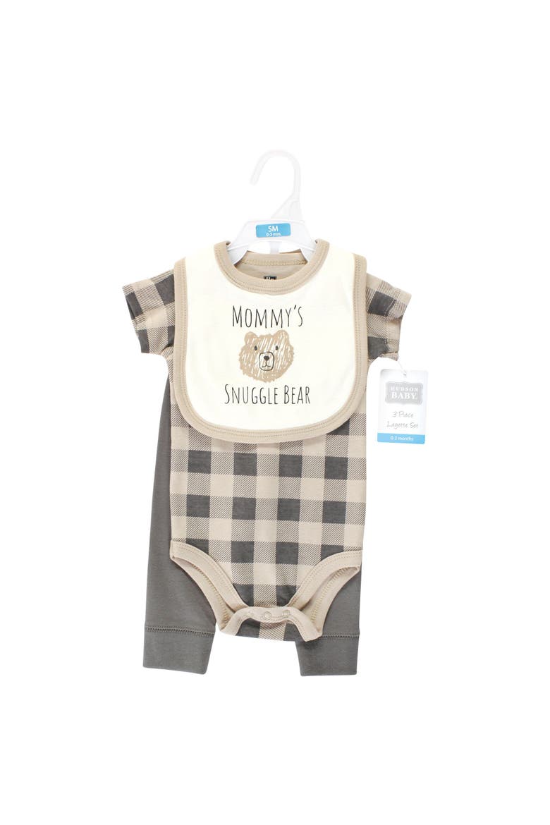 Cotton Bodysuit, Pant and Bib Set, Alternate, color, Snuggle Bear
