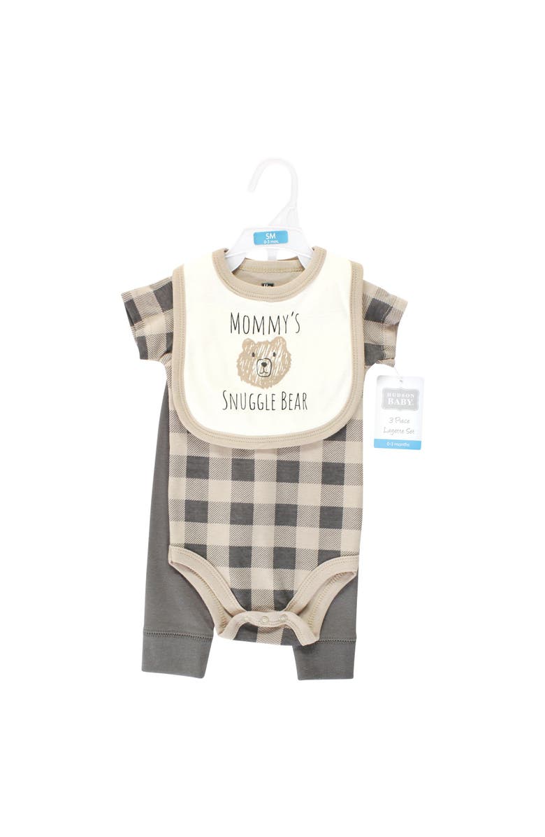 Hudson Baby Cotton Bodysuit, Pant and Bib Set, Alternate, color, Snuggle Bear