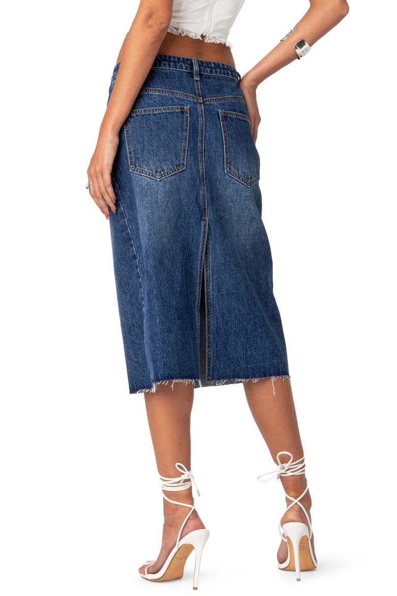 Mirah Raw Hem Denim Midi Skirt, Alternate, color, DARK-BLUE-WASHED