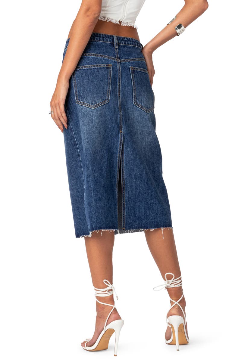 EDIKTED Mirah Raw Hem Denim Midi Skirt, Alternate, color, Dark-Blue-Washed
