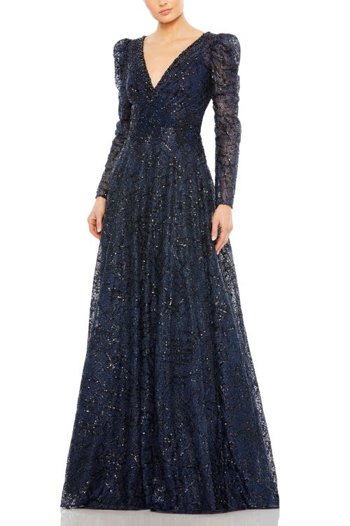 Mac Duggal Embellished V Neck Long Sleeve A Line Gown In Midnight