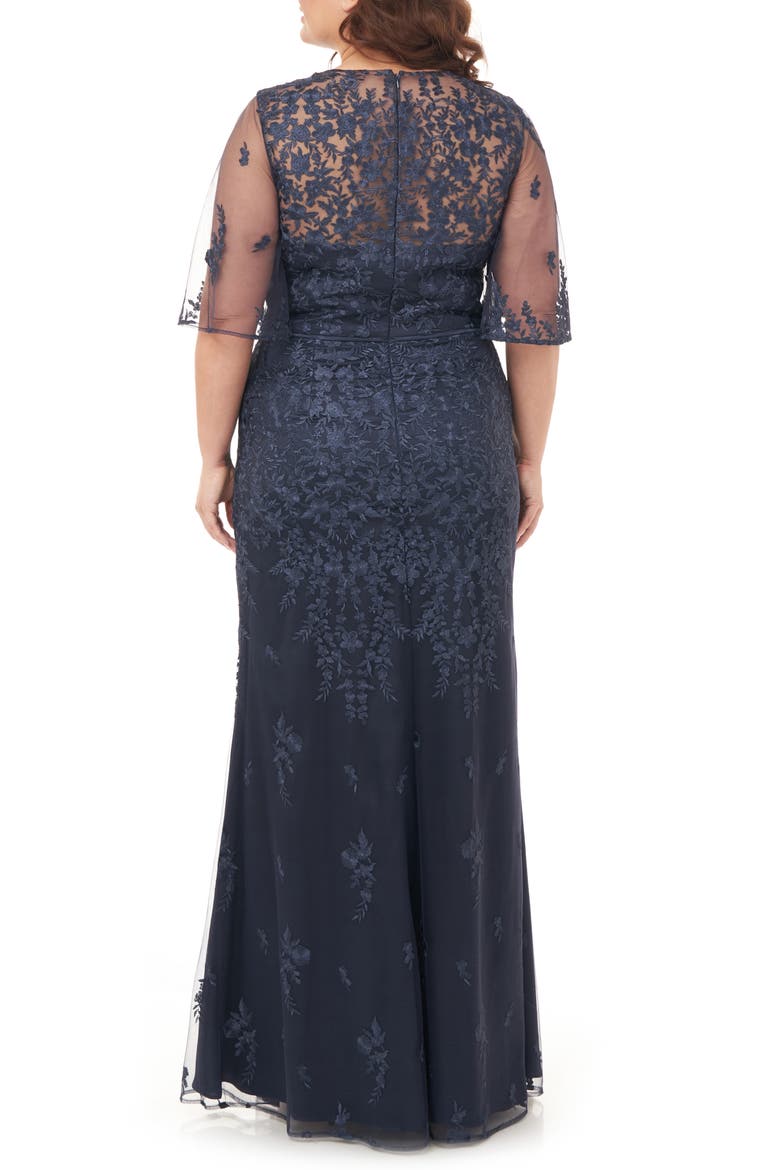 JS Collection Floral Embroidered Flutter Sleeve Gown, Alternate, color, NAVY