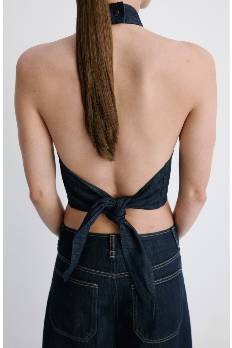 Cotton & Linen Denim Crop Halter Top, Alternate, color, OPEN BLUE