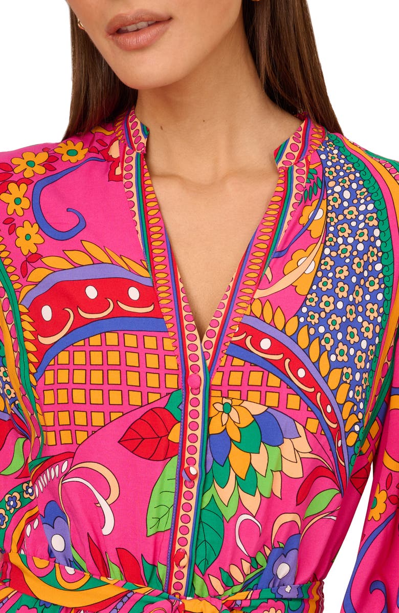 Adrianna Papell Print Tie Waist Long Sleeve Dress, Alternate, color, Pink Multi