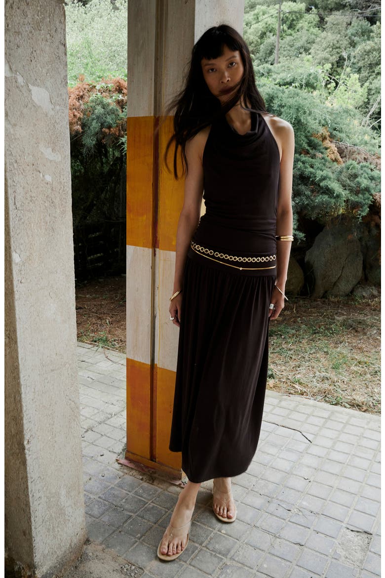 Osana Ruched Drop Waist Halter Midi Dress, Alternate, color, BROWN