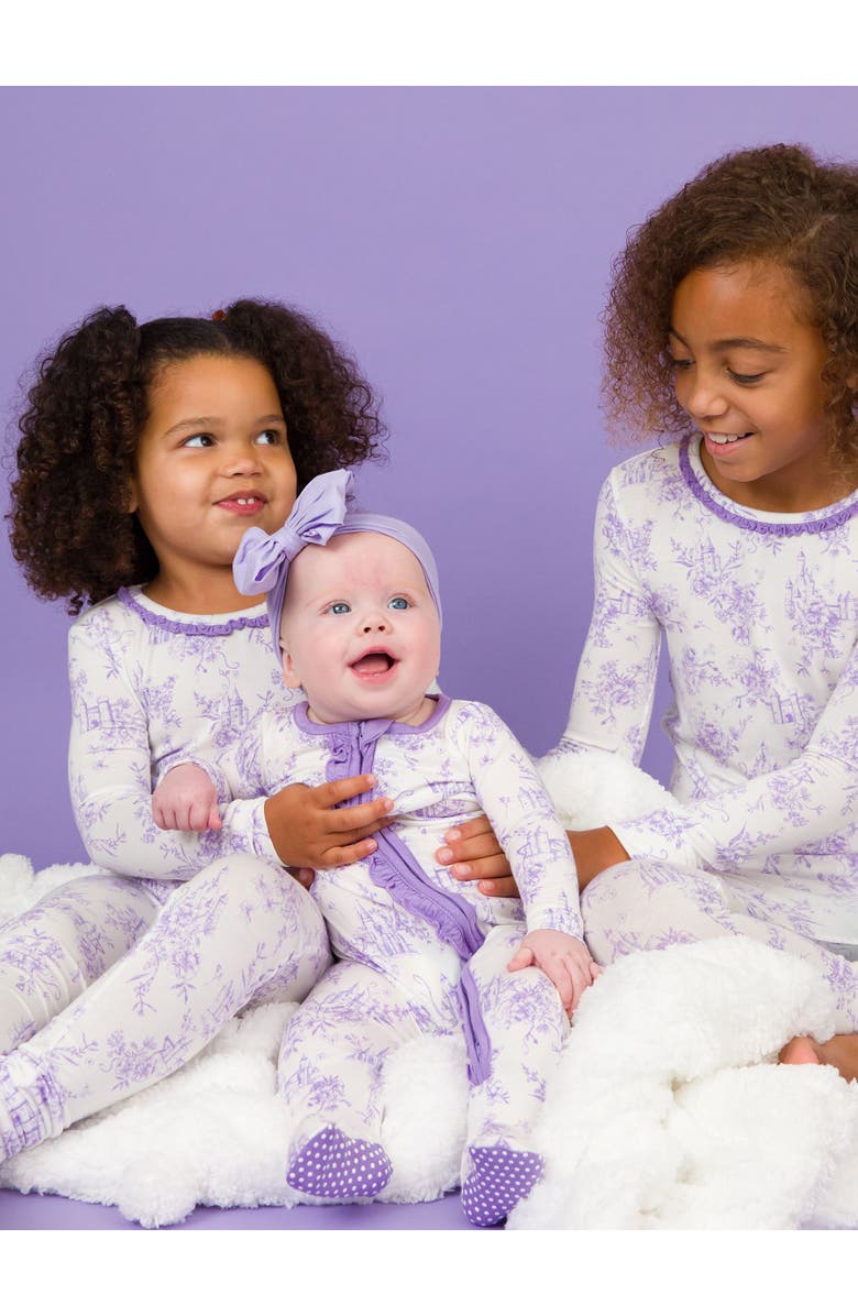 RuffleButts SoftSnooze Girls Ruffle Long Sleeve Pajama Set, Alternate, color, Purple Princess Castle Toile