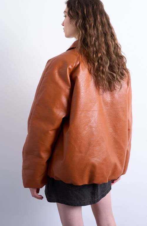 Topshop Faux Leather Padded Puffer Jacket In Orange