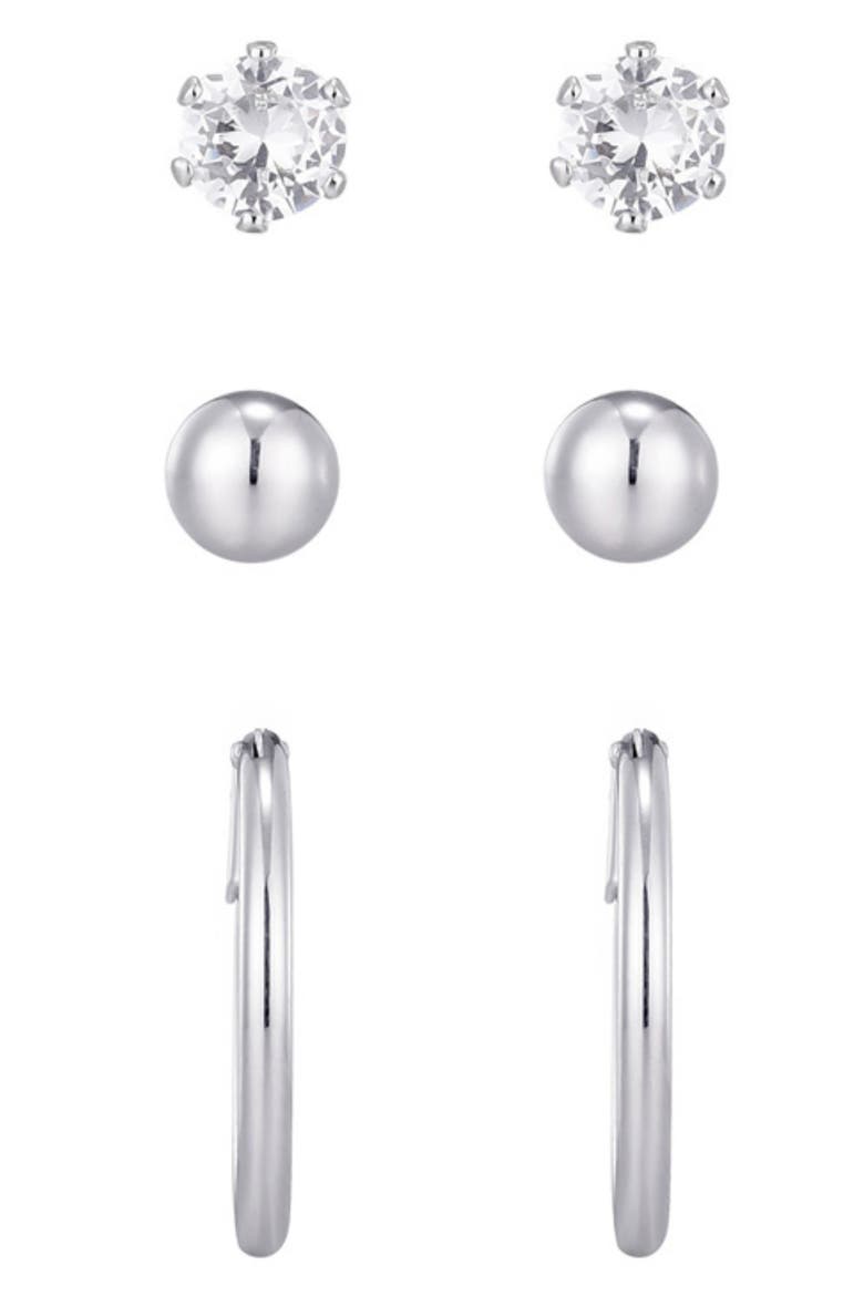 Set of 3 Assorted Studs and Hoop Earrings, Alternate, color, SILVER