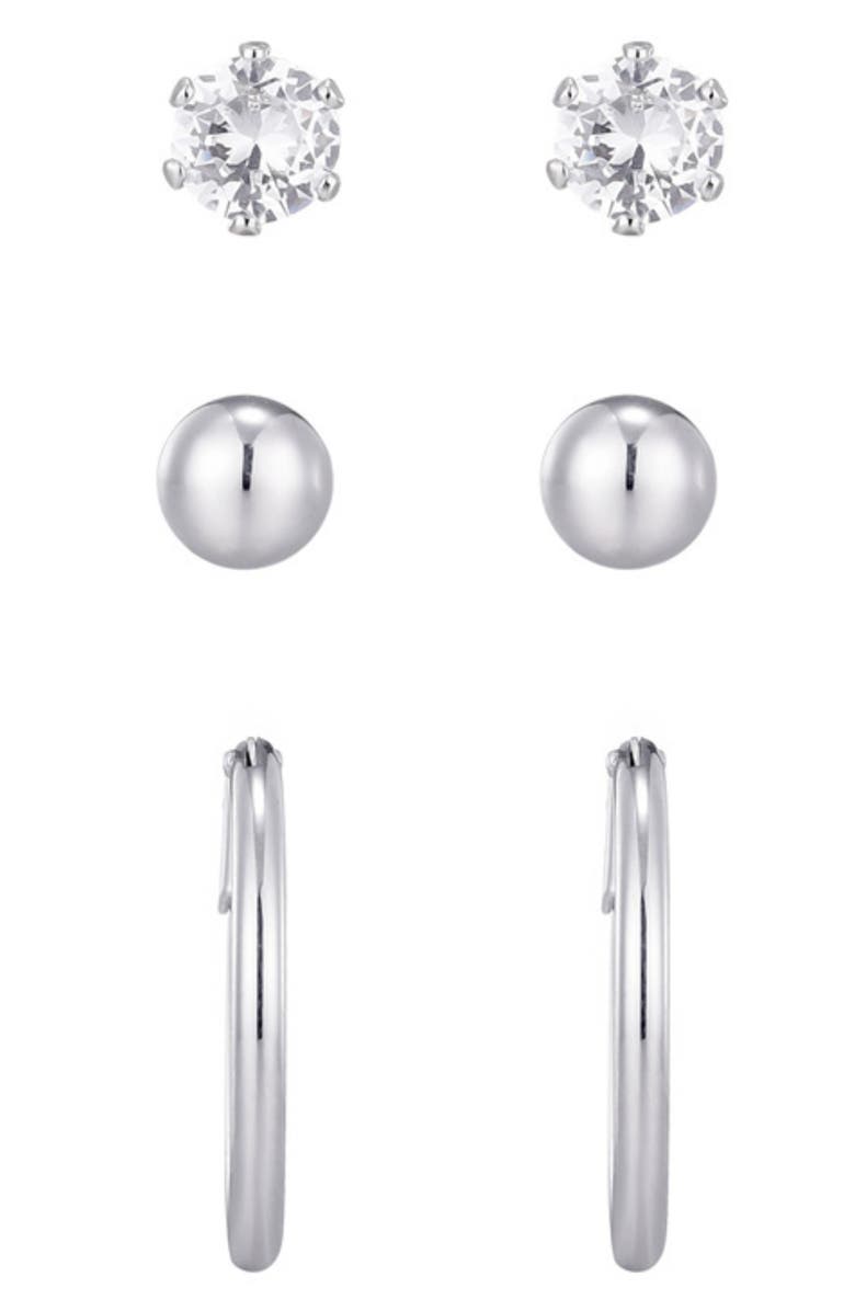 Adornia Set of 3 Assorted Studs and Hoop Earrings, Alternate, color, Silver