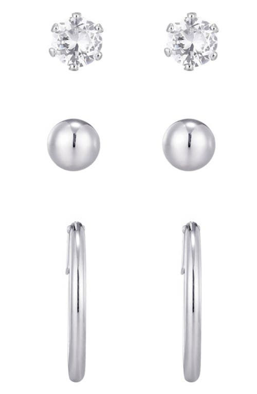 Adornia Set Of 3 Assorted Studs And Hoop Earrings In Silver