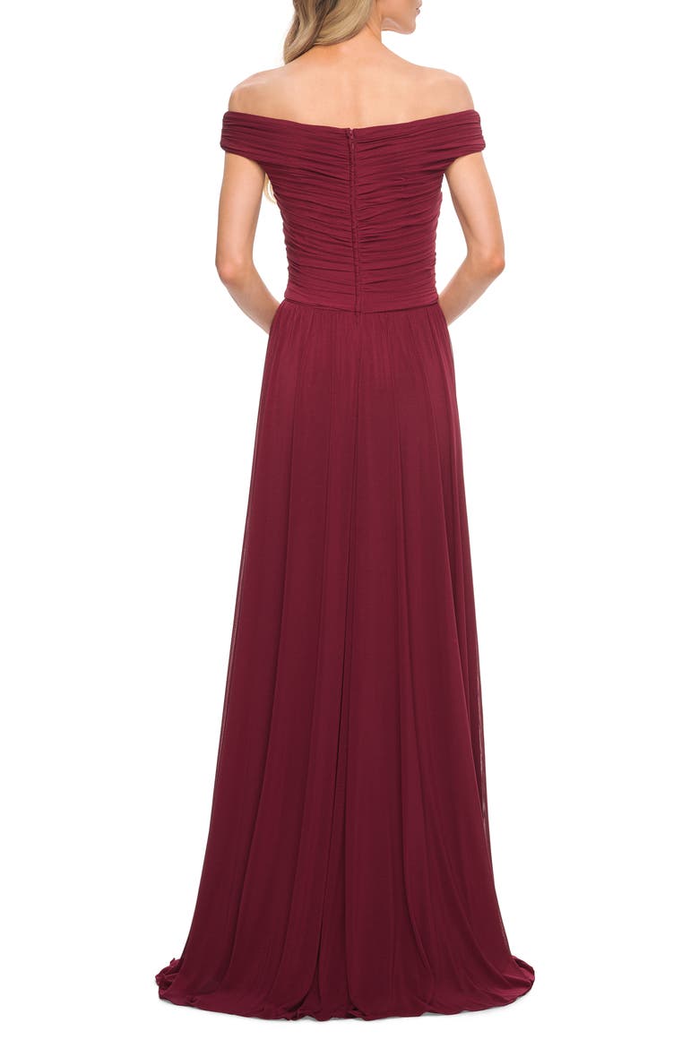 Off the Shoulder Net Jersey Long Dress with Ruching, Alternate, color, WINE