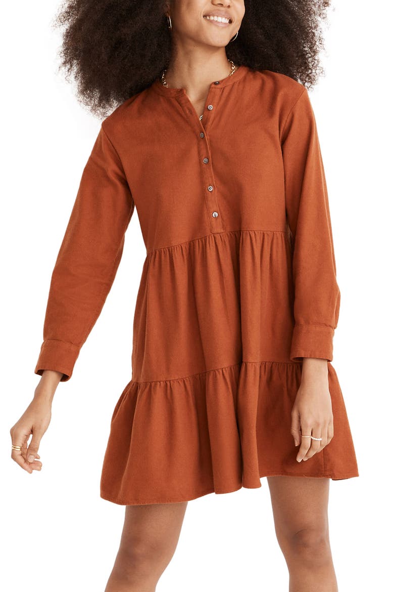 Long Sleeve Button Placket Tiered Cotton Flannel Minidress, Main, color, WARM NUTMEG