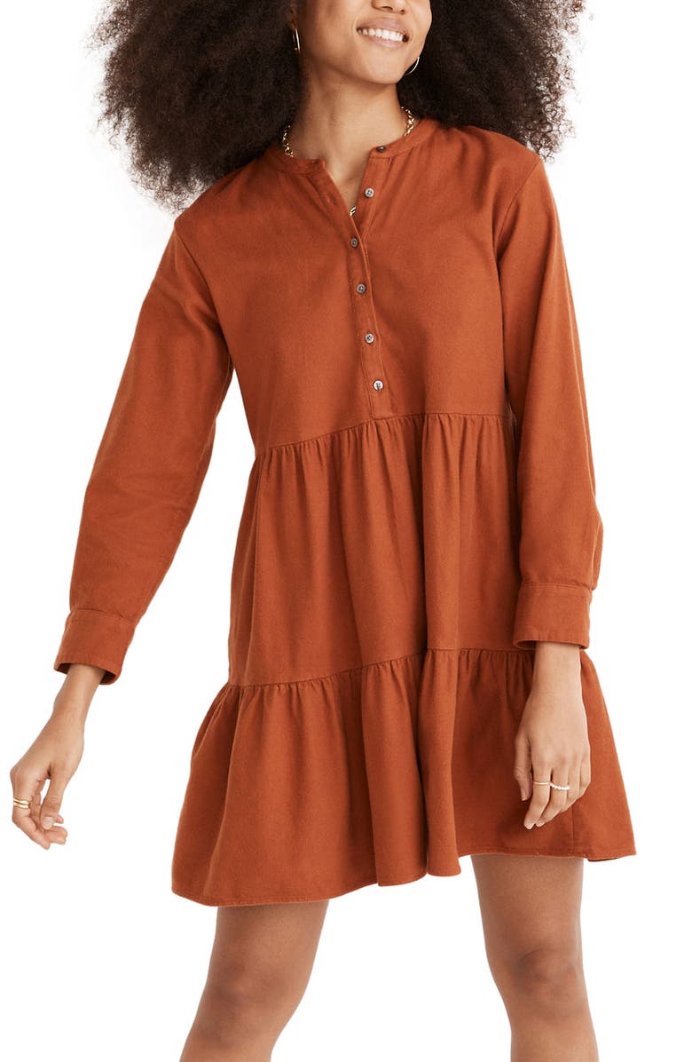 Madewell Long Sleeve Button Placket Tiered Cotton Flannel Minidress, Main, color,