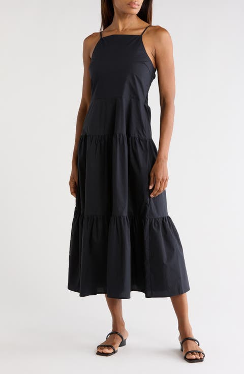Cotton Square Neck Smocked Waist Midi Dress