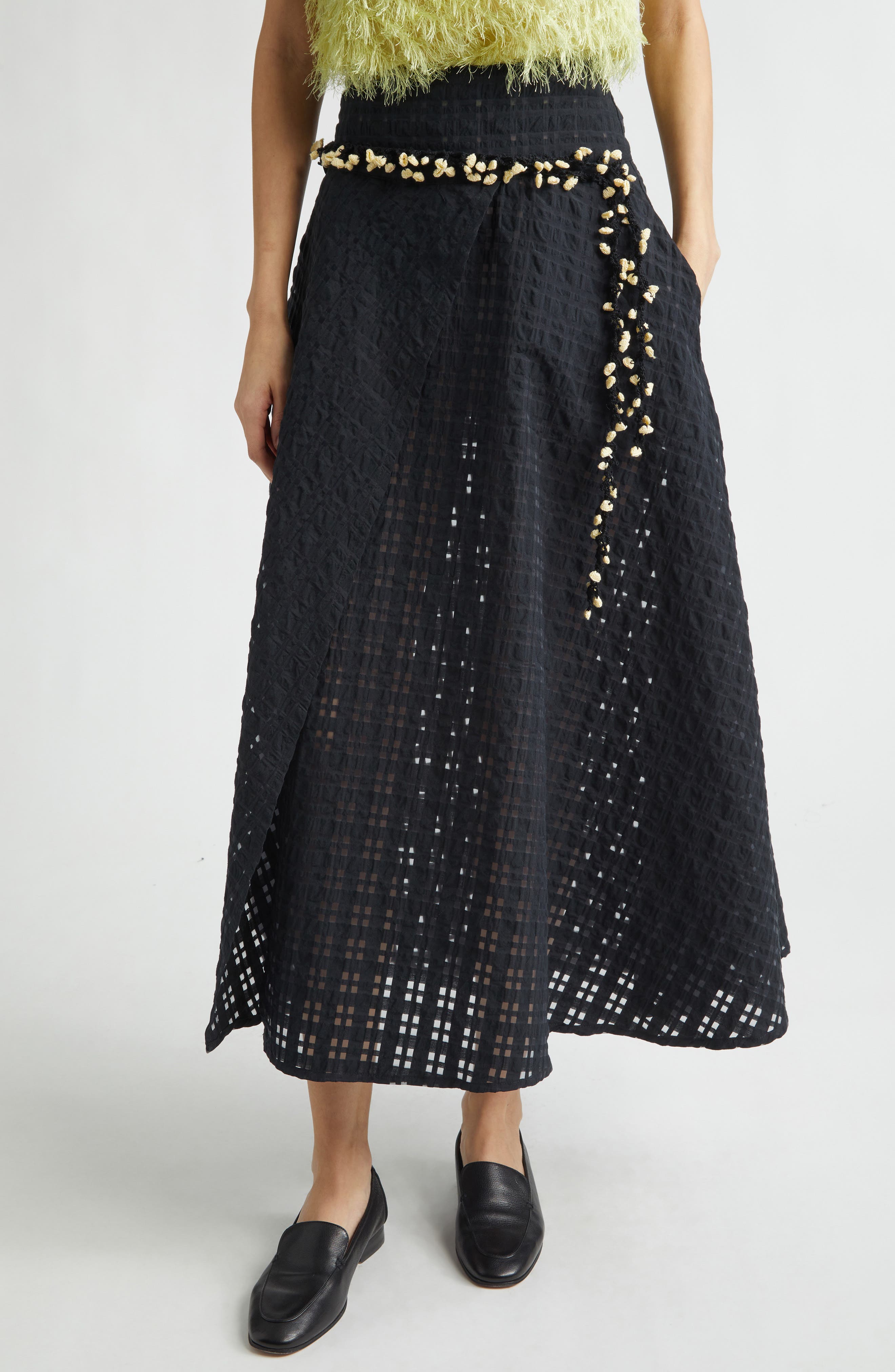 Crochet Accent Sheer Check Wrap Skirt