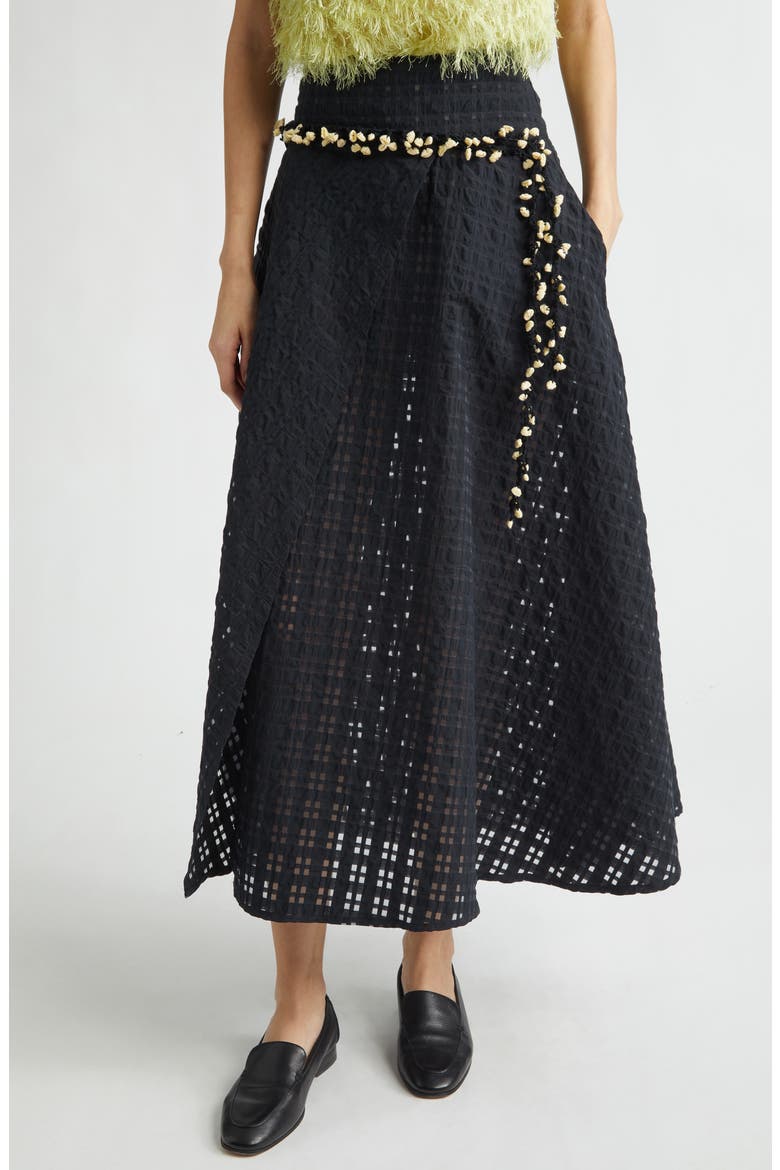 Crochet Accent Sheer Check Wrap Skirt, Main, color, BLACK