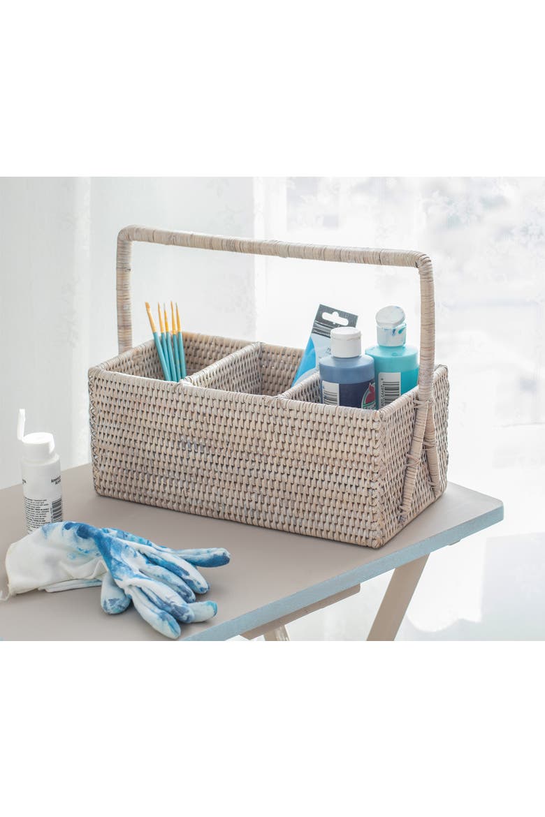 Artifacts Rattan 3 Section Caddy/Cutlery Holder with Handle, Alternate, color, White Wash