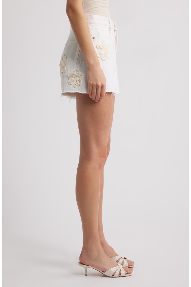 The Dare Floral Appliqué Frayed High Waist Denim Shorts, Alternate, color, FLURRY