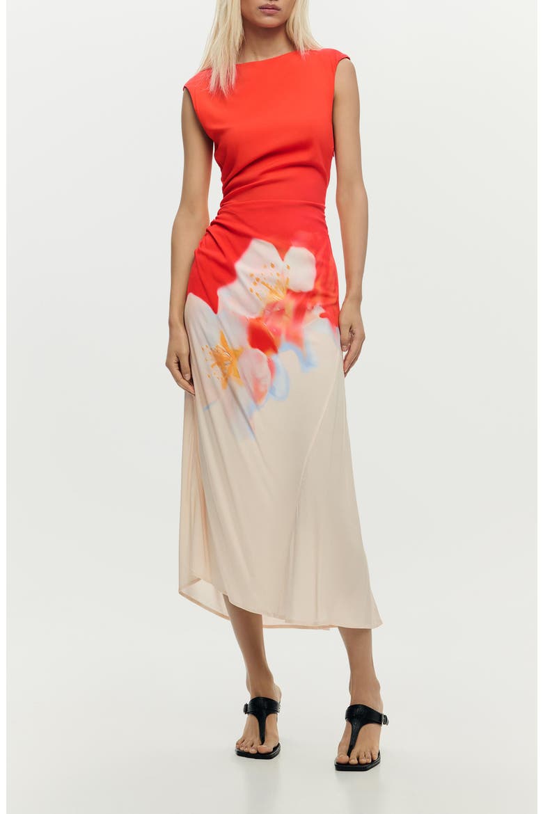 Floral Ruched Side Midi Dress, Main, color, CORAL