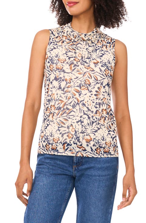 Ditsy Cowl Neck Sleeveless Mesh Top