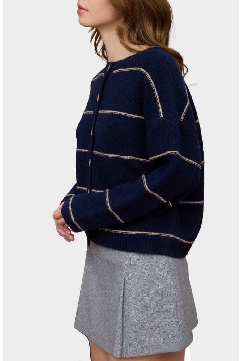 Stripe Crewneck Cardigan, Alternate, color, NAVY